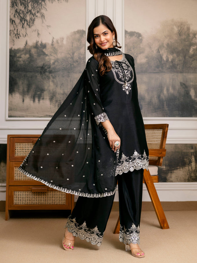 Chinon Embroidery Sequence Work Kurta Palazzo with Dupatta for Women Trendmalls