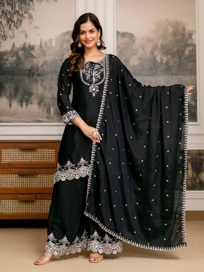 Chinon Embroidery Sequence Work Kurta Palazzo with Dupatta for Women Trendmalls