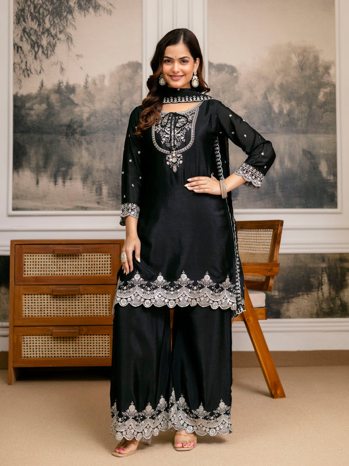 Chinon Embroidery Sequence Work Kurta Palazzo with Dupatta for Women Trendmalls