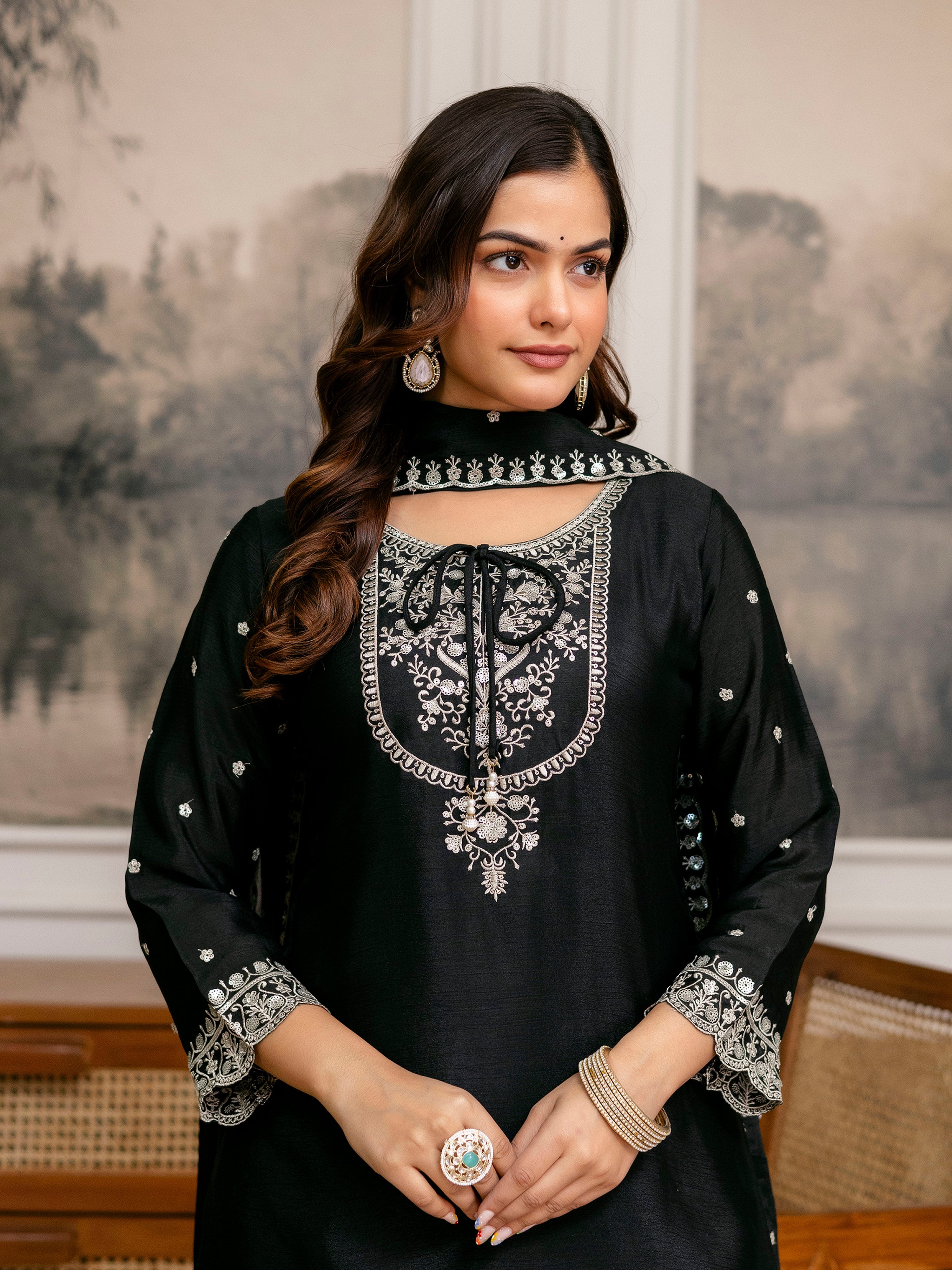Chinon Embroidery Sequence Work Kurta Palazzo with Dupatta for Women Trendmalls