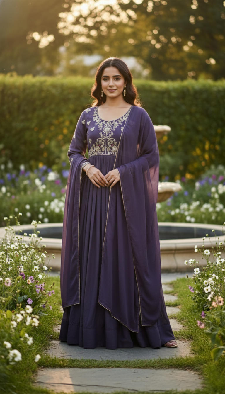 Purple Georgette Embroidery sequence Work Anarkali Kurta Pant With Dupatta For Women