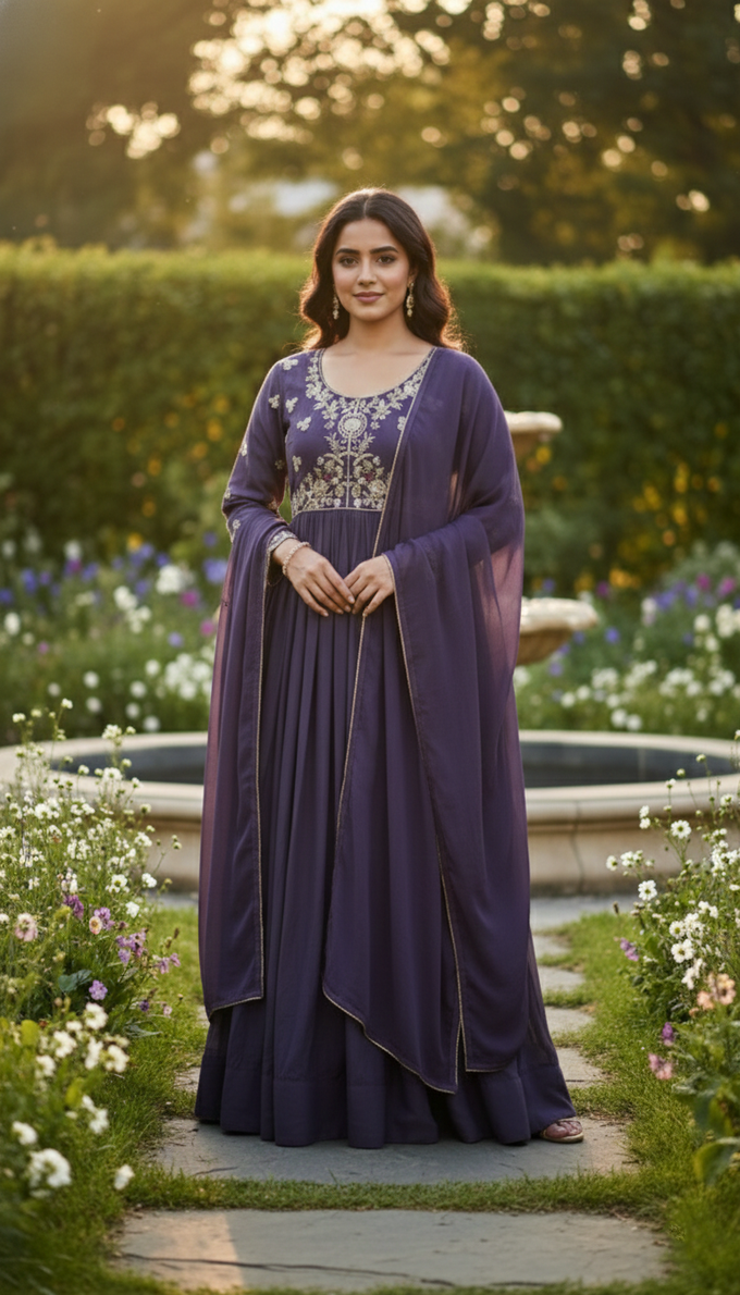 Purple Georgette Embroidery sequence Work Anarkali Kurta Pant With Dupatta For Women