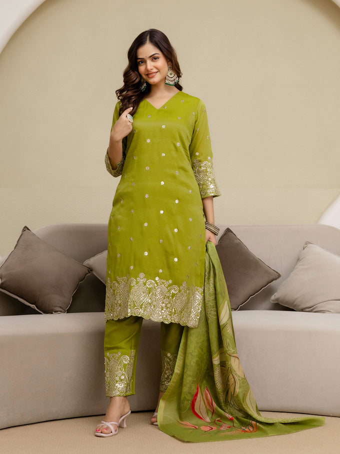 Parrot Art Silk Embroidery Sequence Work Kurta Palazzo Set with Dupatta Salwar Suit Set Trendmalls