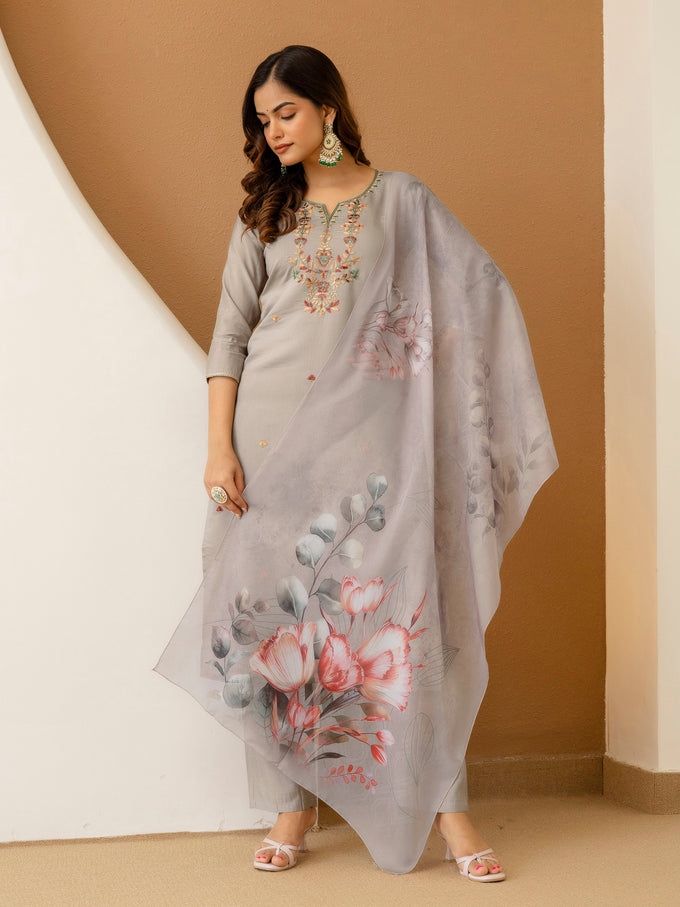 Light Grey Chanderi Silk Embroidery Work Kurta Pant Set with Dupatta Salwar Suit Set Trendmalls