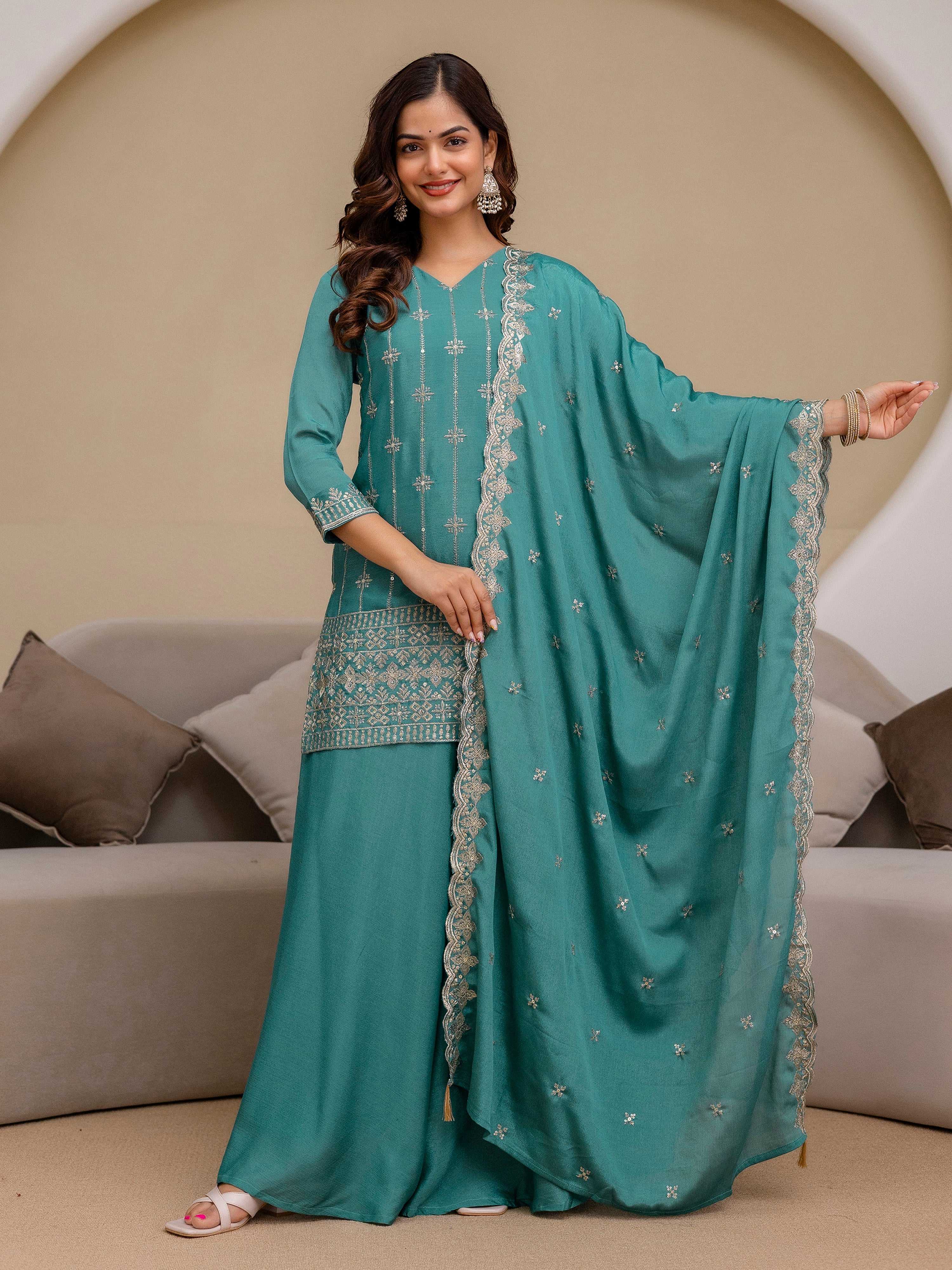 Turquoise Art Silk Embroidery Sequence Work Kurta Palazzo Set with Dupatta Salwar Suit Set Trendmalls
