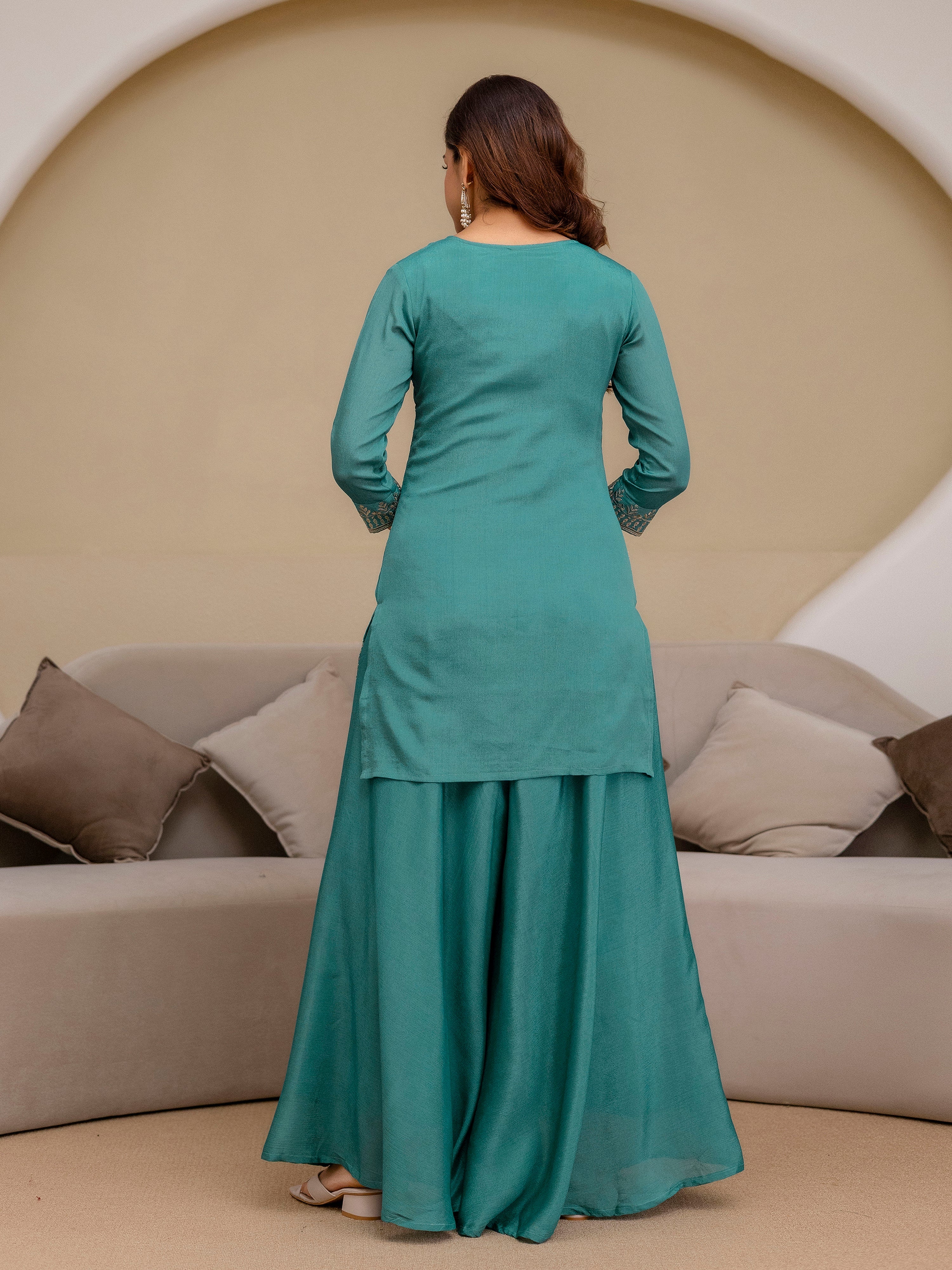 Turquoise Art Silk Embroidery Sequence Work Kurta Palazzo Set with Dupatta Salwar Suit Set Trendmalls