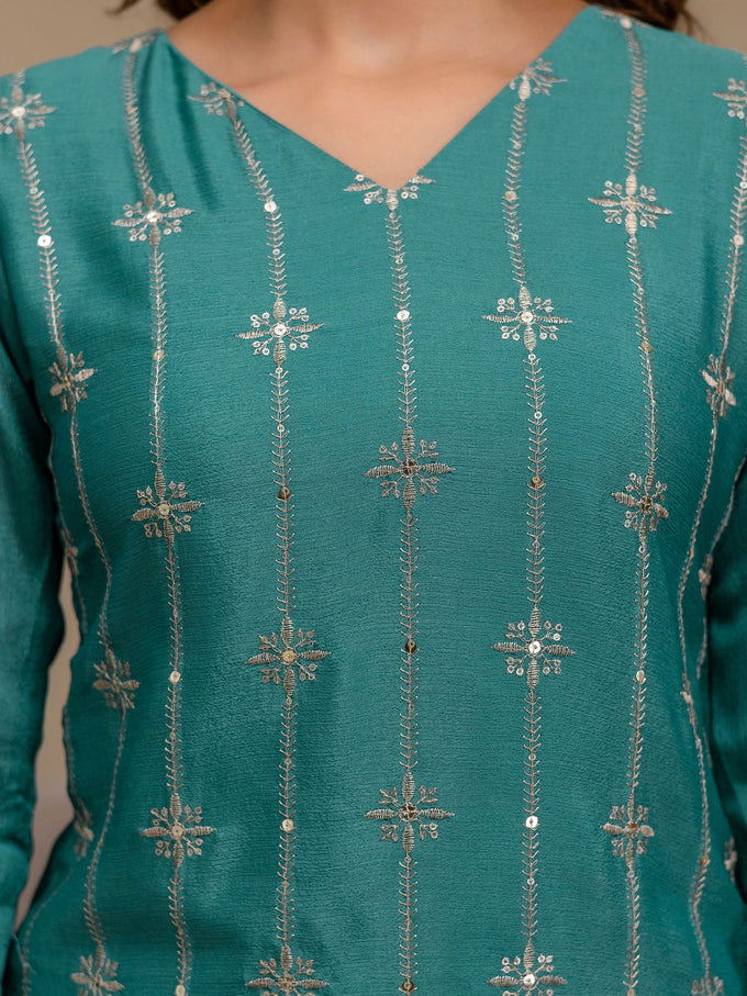 Turquoise Art Silk Embroidery Sequence Work Kurta Palazzo Set with Dupatta Salwar Suit Set Trendmalls