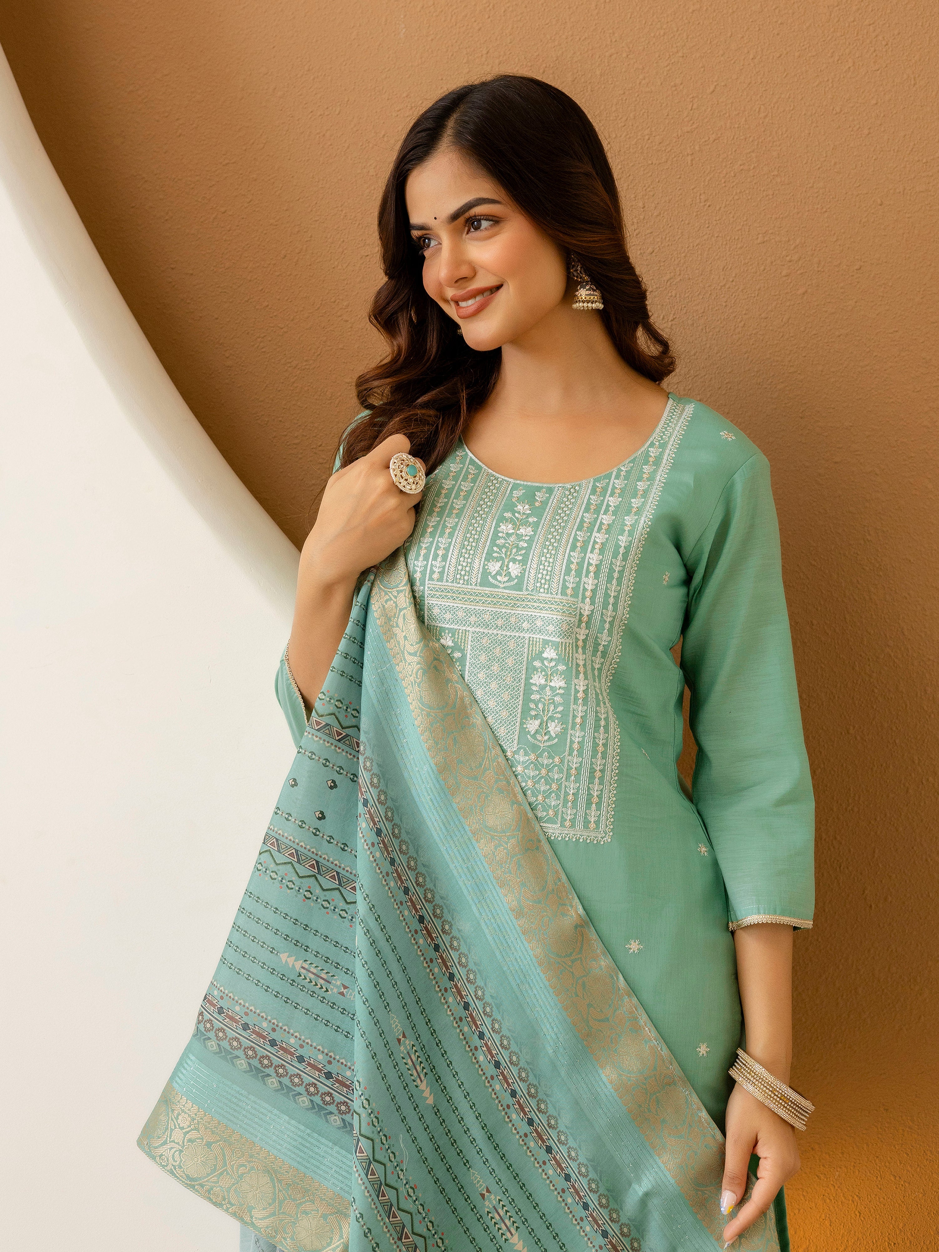 LightGreen Cotton Silk Embroidery Work Kurta Pant Set with Dupatta Salwar Suit Set Trendmalls