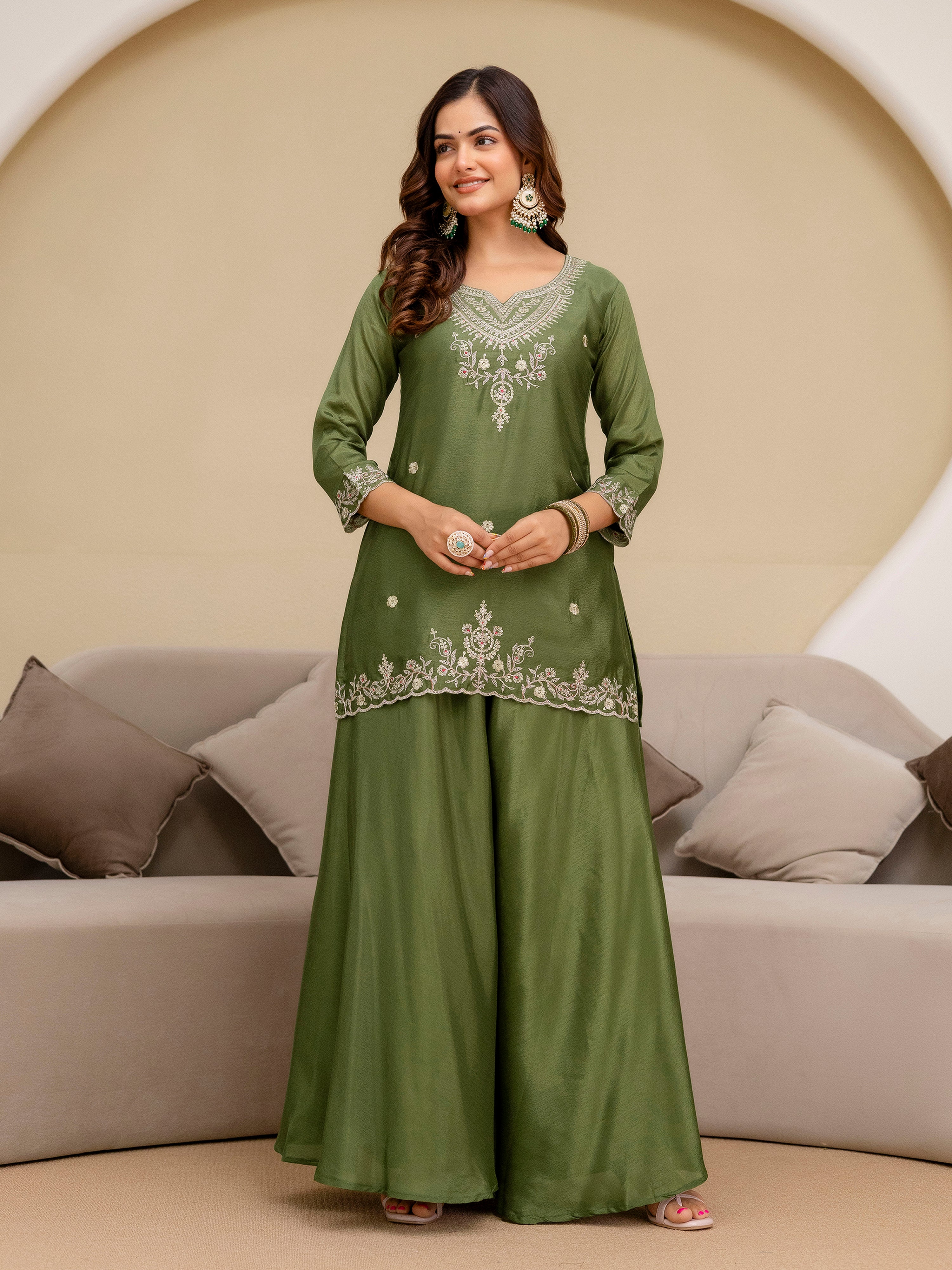 Mehndi Art Silk Embroidery Sequence Work Kurta Palazzo Set with Dupatta Salwar Suit Set Trendmalls