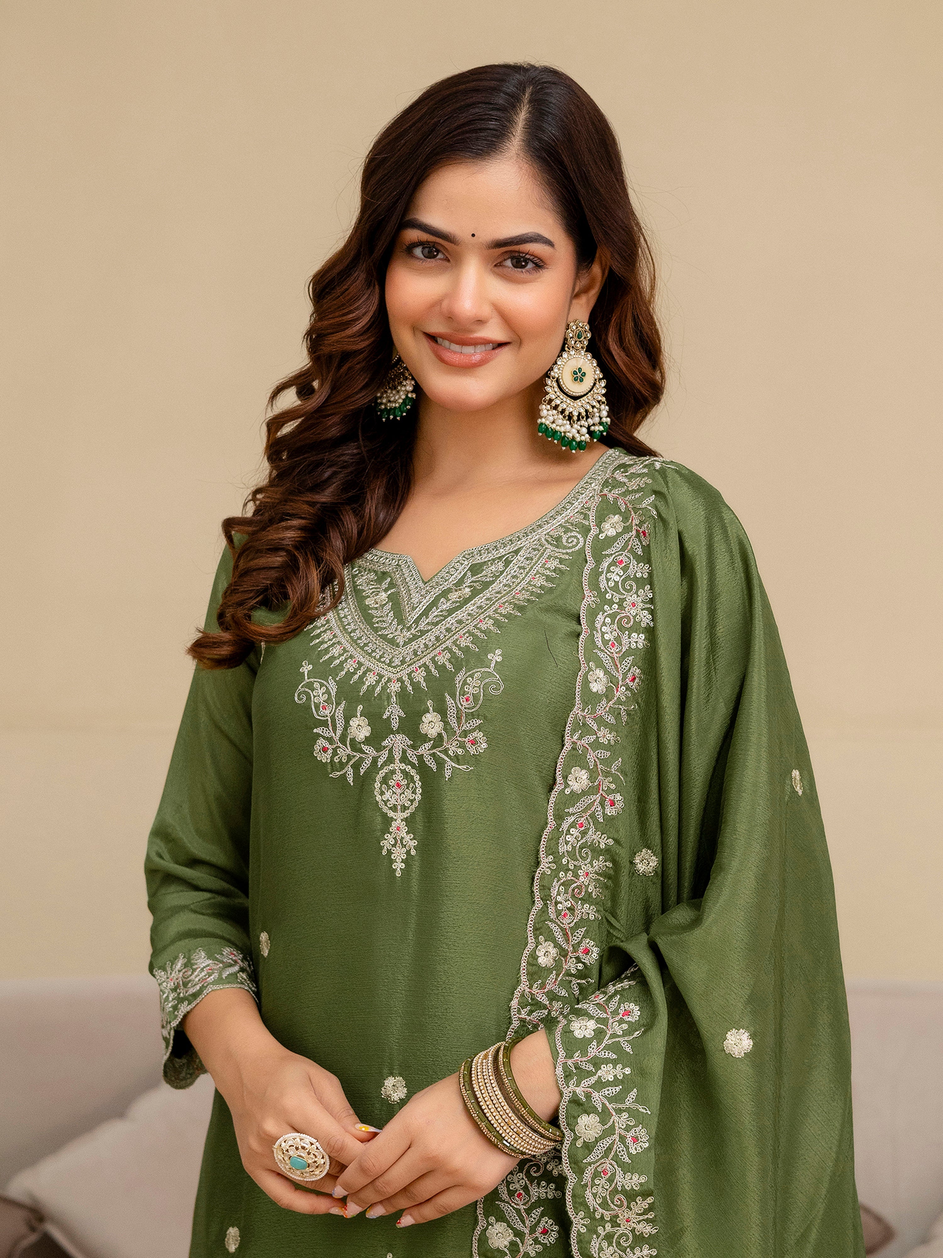 Mehndi Art Silk Embroidery Sequence Work Kurta Palazzo Set with Dupatta Salwar Suit Set Trendmalls