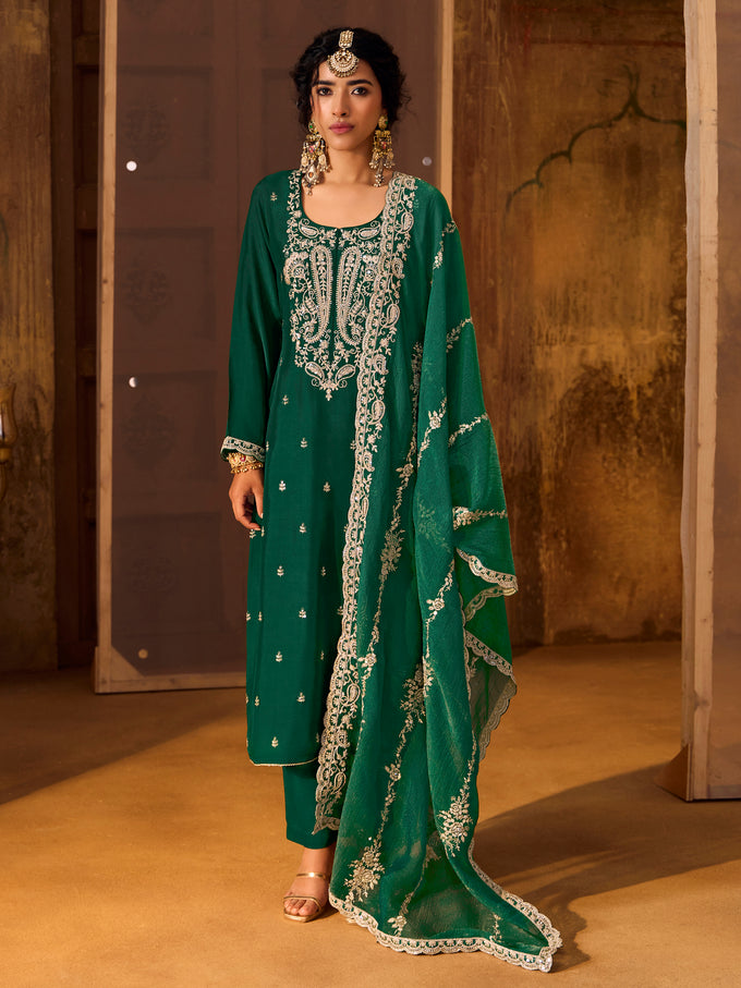 Darkgreen Art Silk Embroidery Sequence Work Kurta Pant Set with Dupatta
