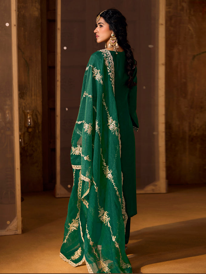 Darkgreen Art Silk Embroidery Sequence Work Kurta Pant Set with Dupatta