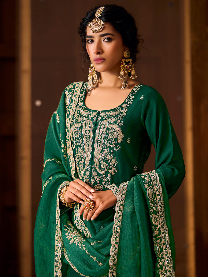 Darkgreen Art Silk Embroidery Sequence Work Kurta Pant Set with Dupatta