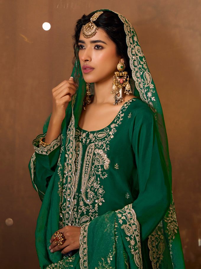 Darkgreen Art Silk Embroidery Sequence Work Kurta Pant Set with Dupatta
