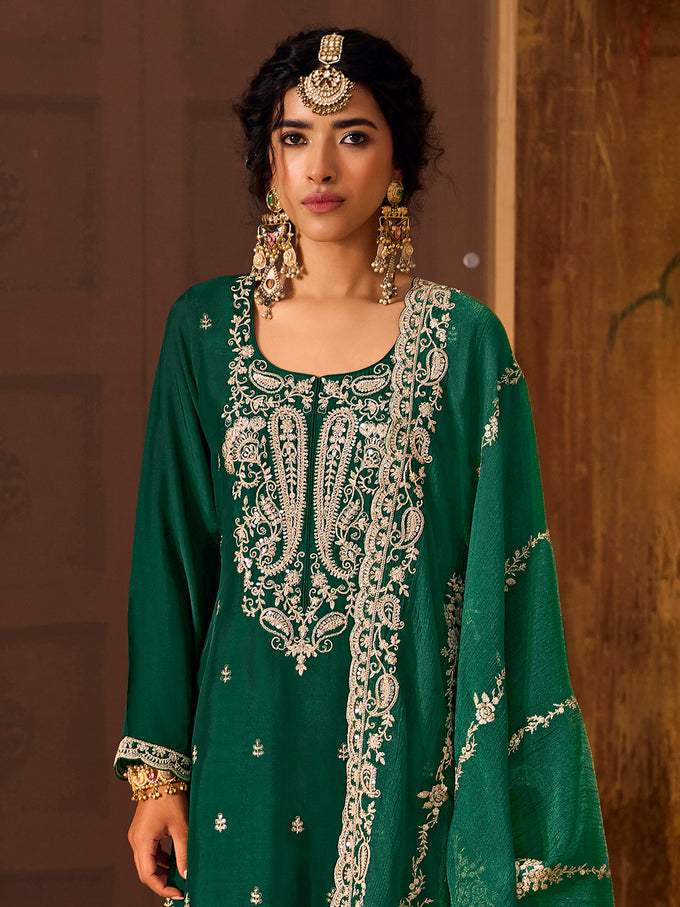 Darkgreen Art Silk Embroidery Sequence Work Kurta Pant Set with Dupatta
