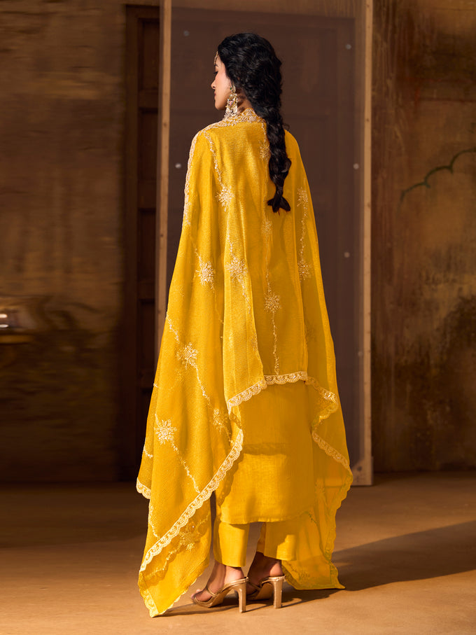 Yellow Art Silk  Embroidery Work Kurta Palazzo with Dupatta For Women