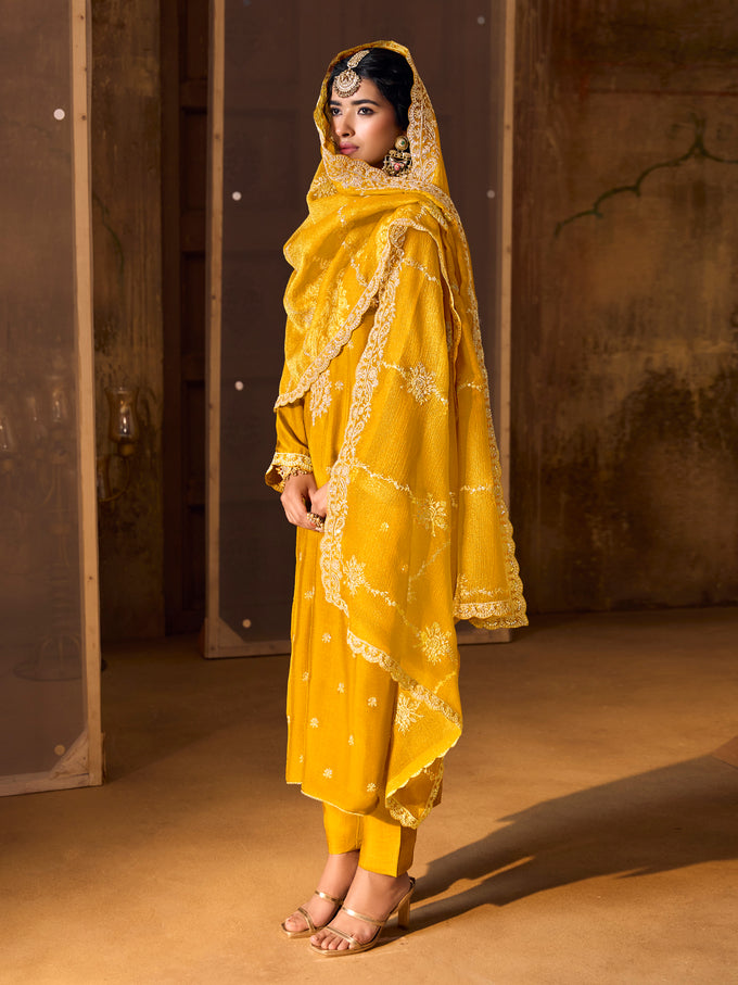 Yellow Art Silk  Embroidery Work Kurta Palazzo with Dupatta For Women