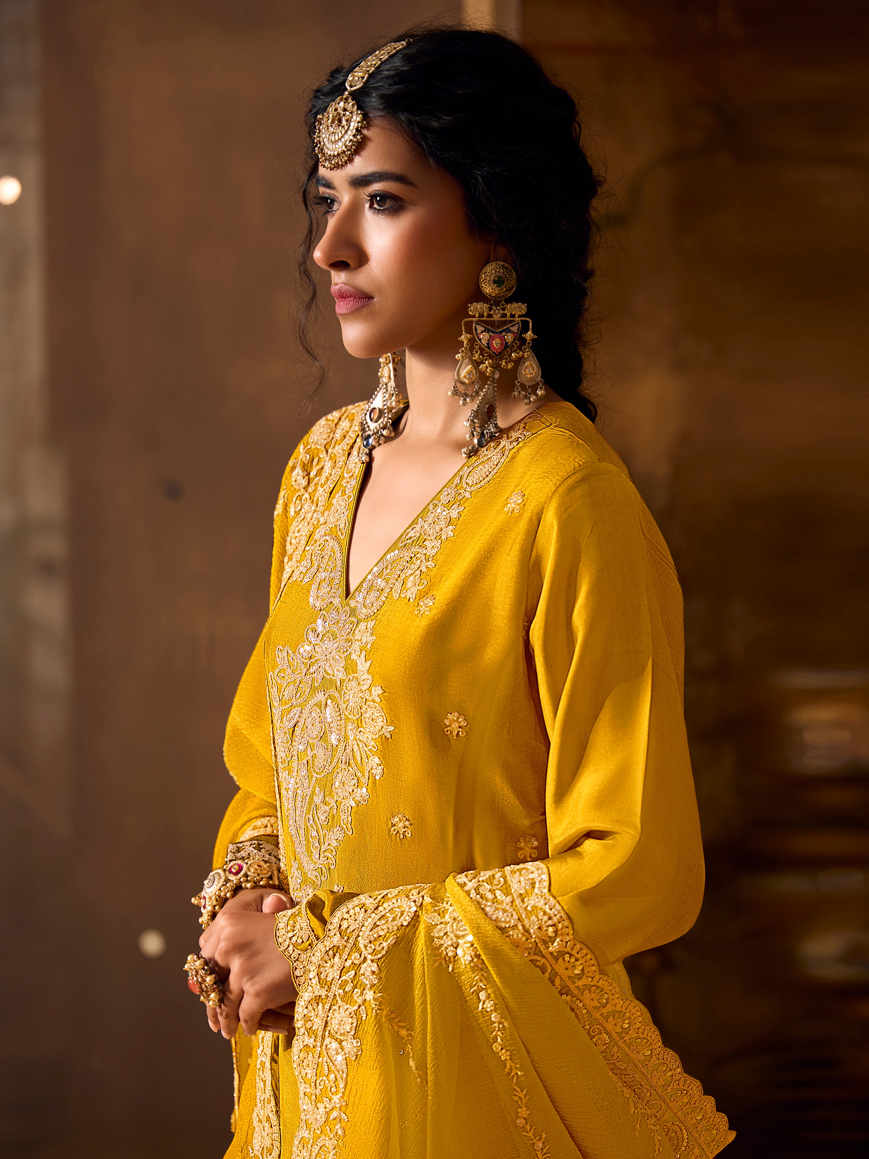 Yellow Art Silk  Embroidery Work Kurta Palazzo with Dupatta For Women