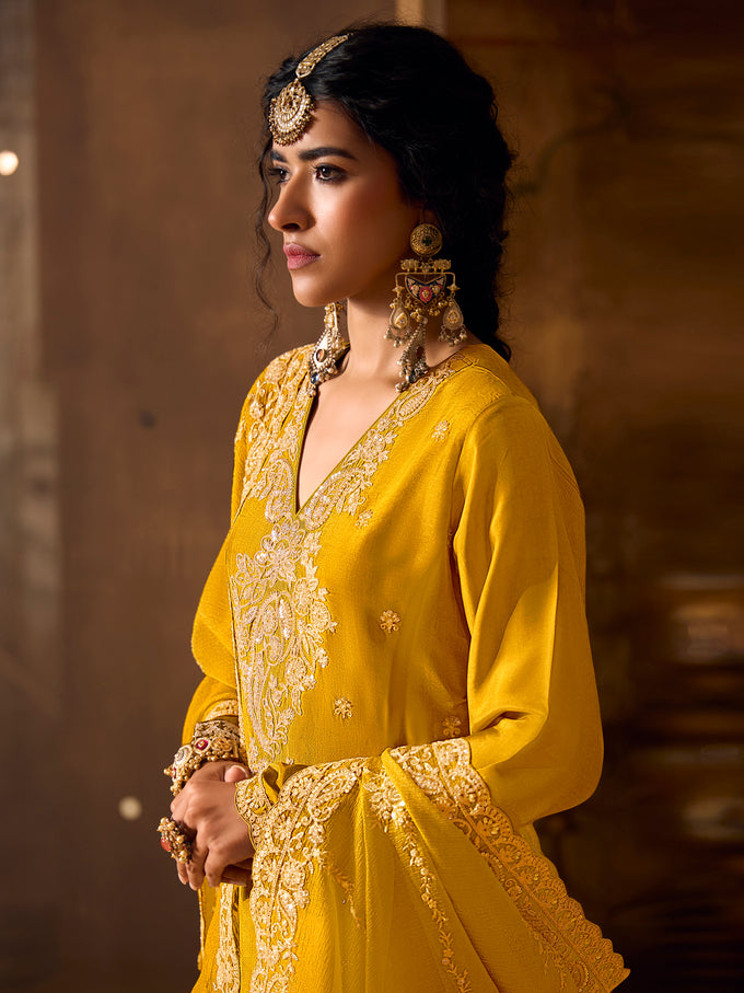 Yellow Art Silk  Embroidery Work Kurta Palazzo with Dupatta For Women