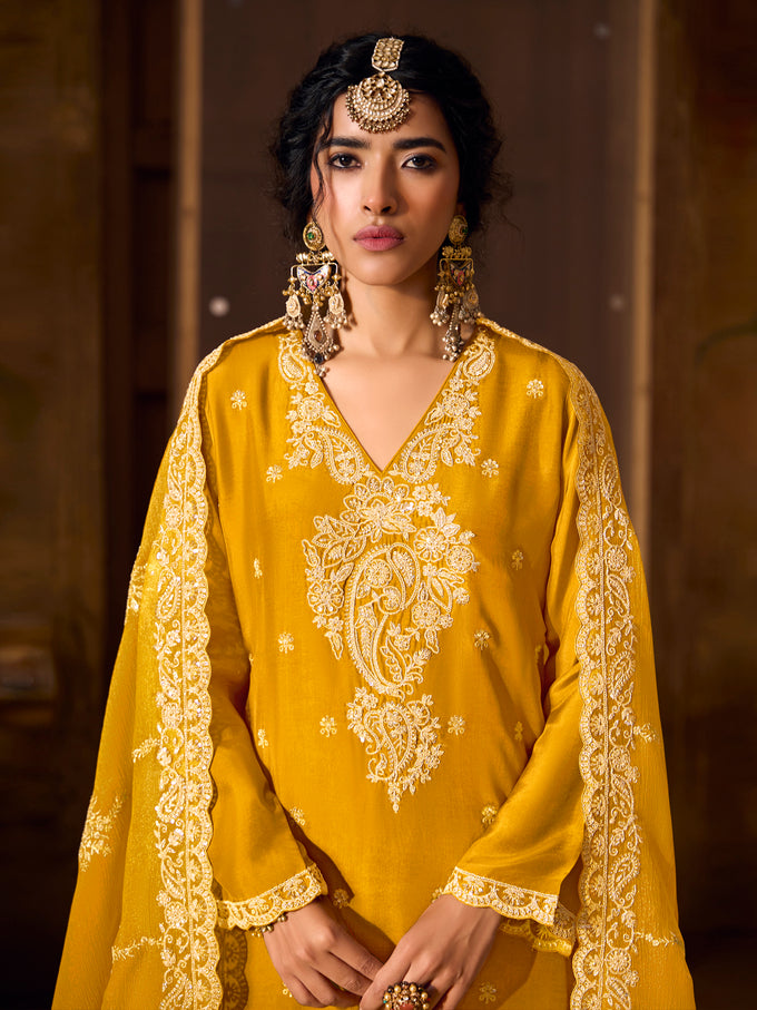 Yellow Art Silk  Embroidery Work Kurta Palazzo with Dupatta For Women