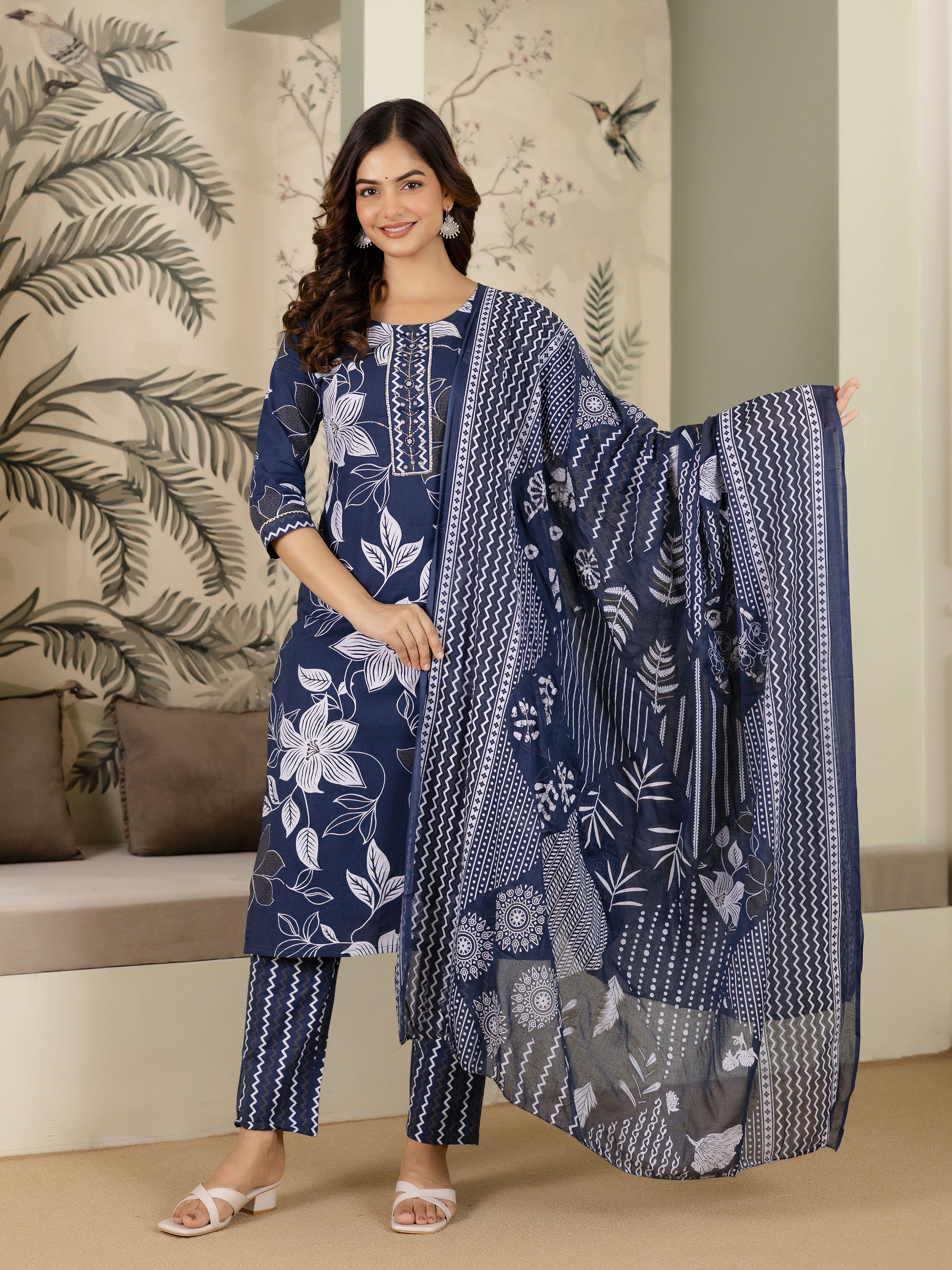 Blue Cotton Floral Print Salwar Suit With Dupatta Set For Women's Trendmalls