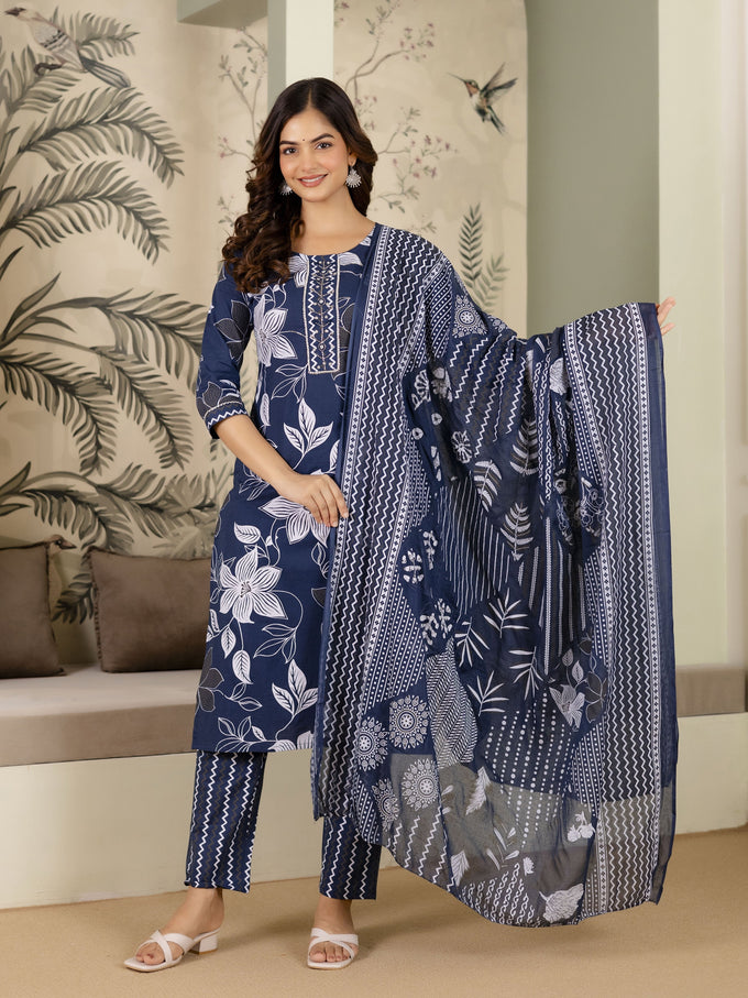 Blue Cotton Floral Print Salwar Suit With Dupatta Set For Women's Trendmalls