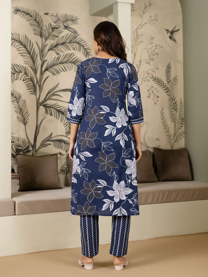 Blue Cotton Floral Print Salwar Suit With Dupatta Set For Women's Trendmalls