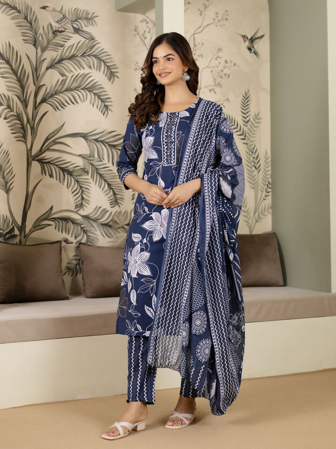 Blue Cotton Floral Print Salwar Suit With Dupatta Set For Women's Trendmalls