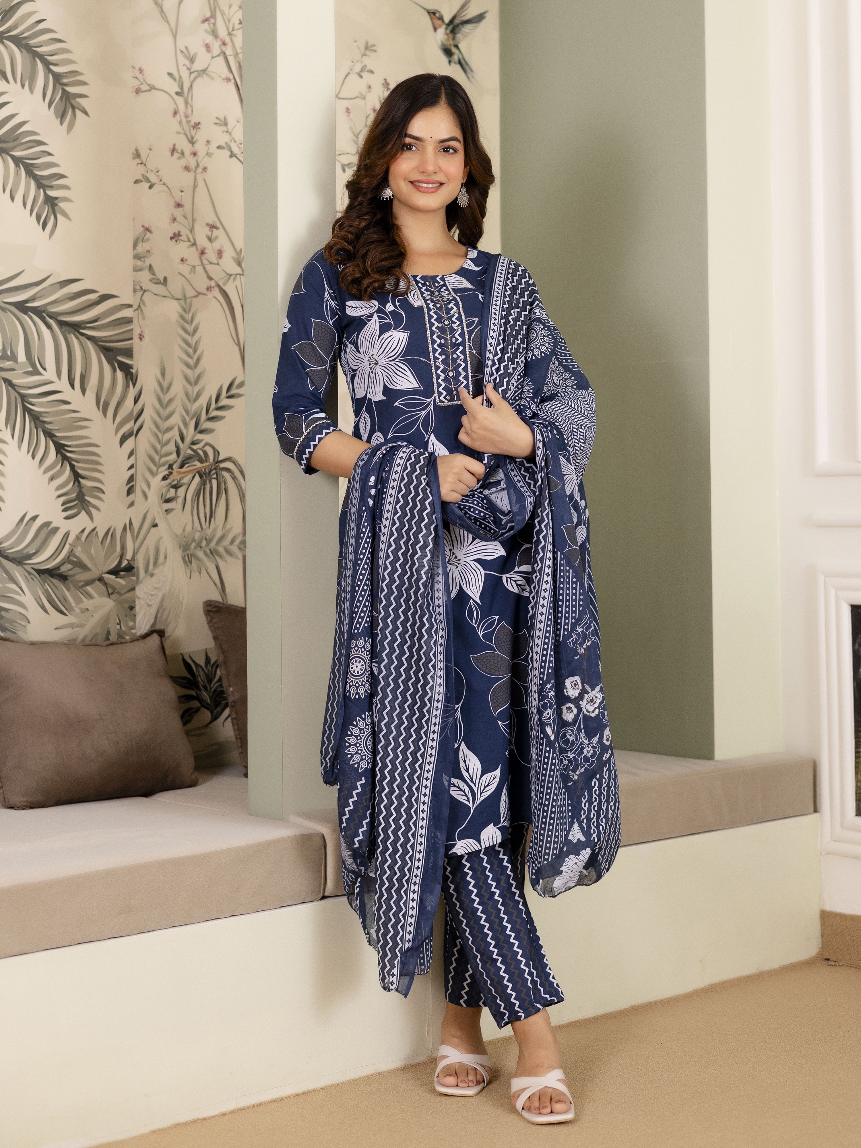 Blue Cotton Floral Print Salwar Suit With Dupatta Set For Women's Trendmalls