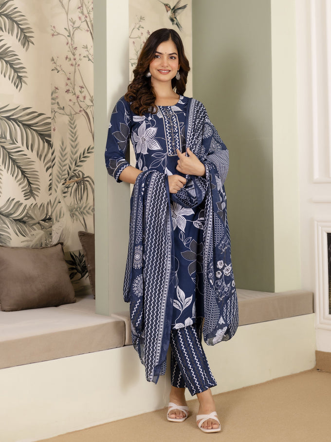 Blue Cotton Floral Print Salwar Suit With Dupatta Set For Women's Trendmalls