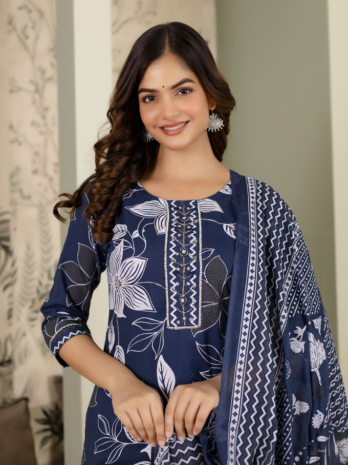 Blue Cotton Floral Print Salwar Suit With Dupatta Set For Women's Trendmalls