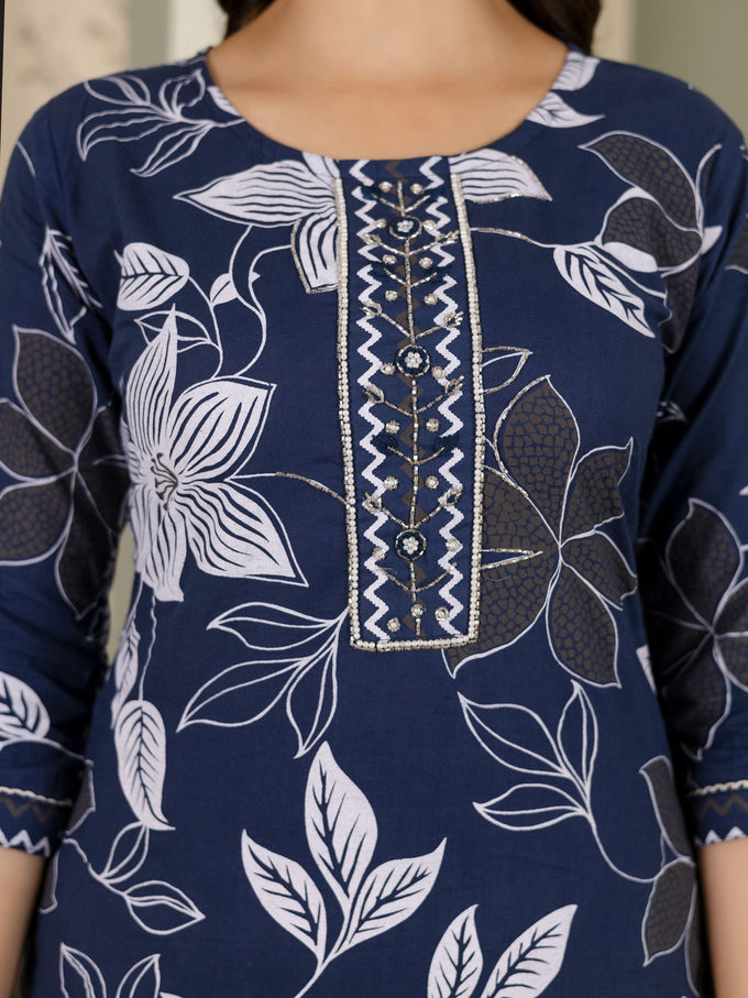 Blue Cotton Floral Print Salwar Suit With Dupatta Set For Women's Trendmalls