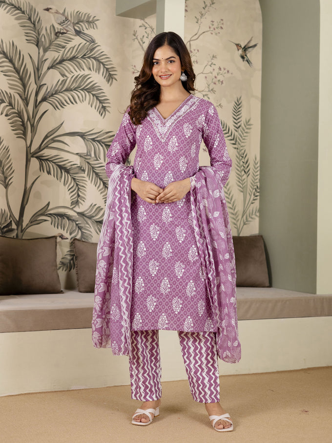 Light Purple Cotton Batik Print Salwar Suit With Dupatta Set For Women's Trendmalls