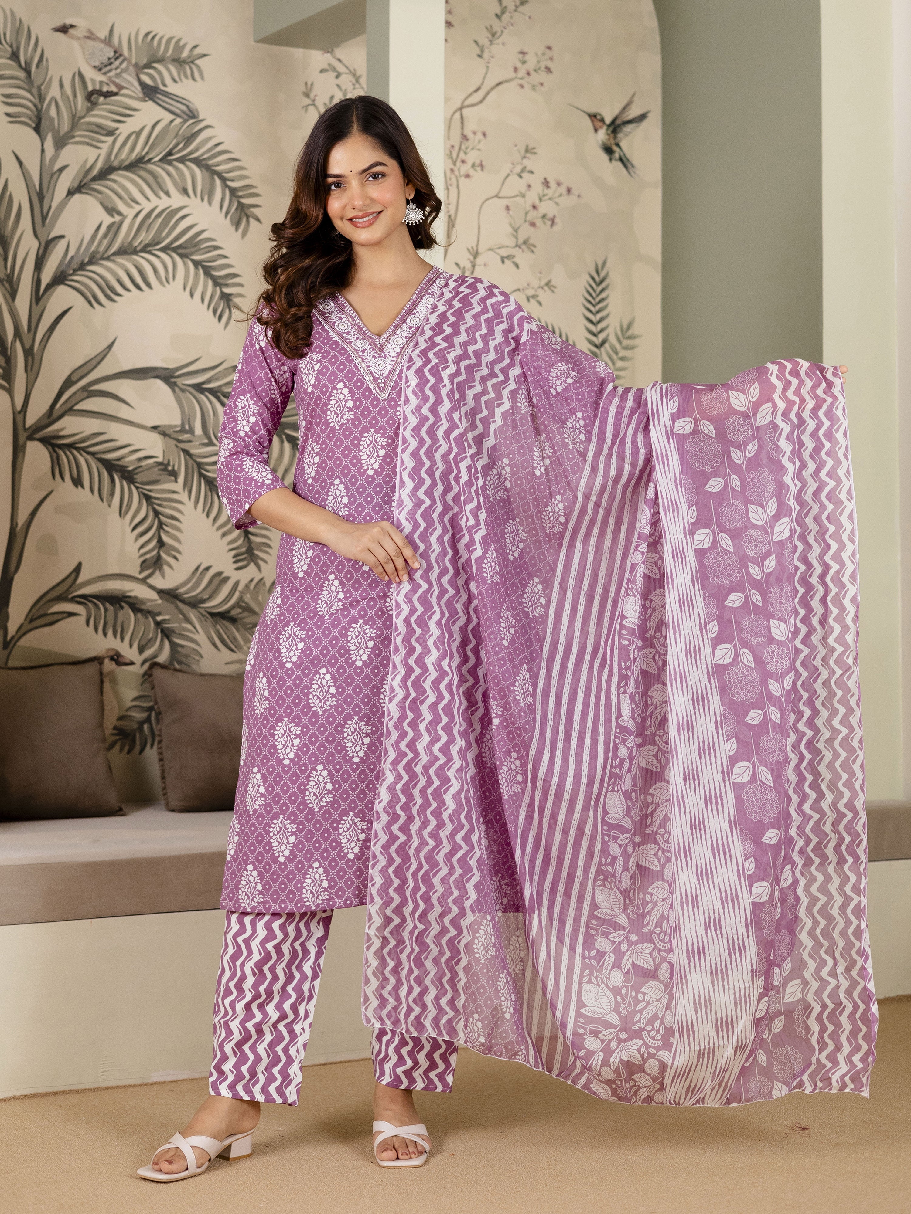 Light Purple Cotton Batik Print Salwar Suit With Dupatta Set For Women's Trendmalls