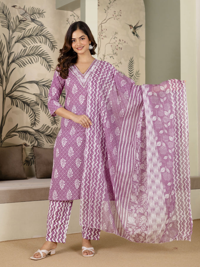 Light Purple Cotton Batik Print Salwar Suit With Dupatta Set For Women's Trendmalls