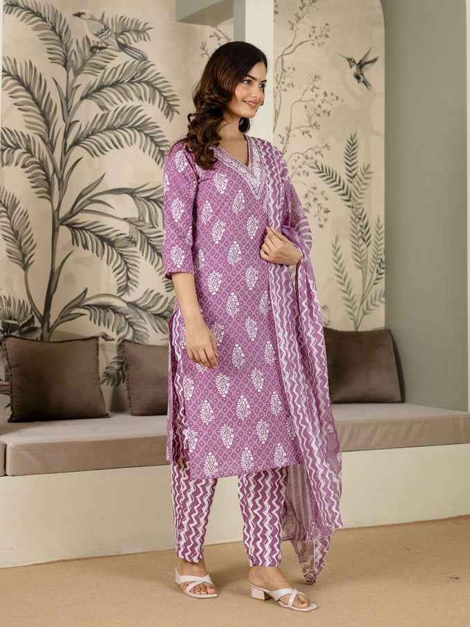 Light Purple Cotton Batik Print Salwar Suit With Dupatta Set For Women's Trendmalls
