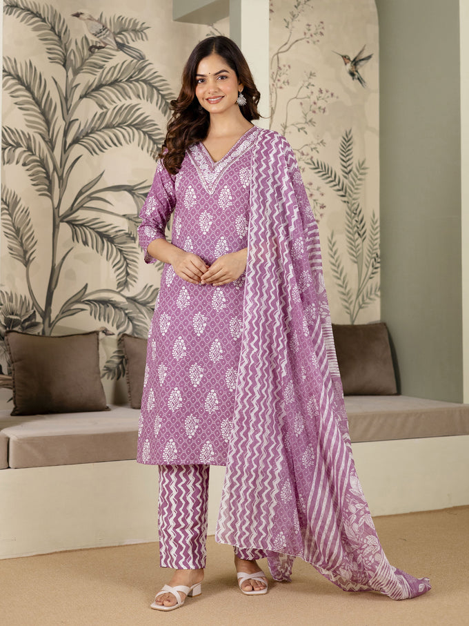 Light Purple Cotton Batik Print Salwar Suit With Dupatta Set For Women's Trendmalls