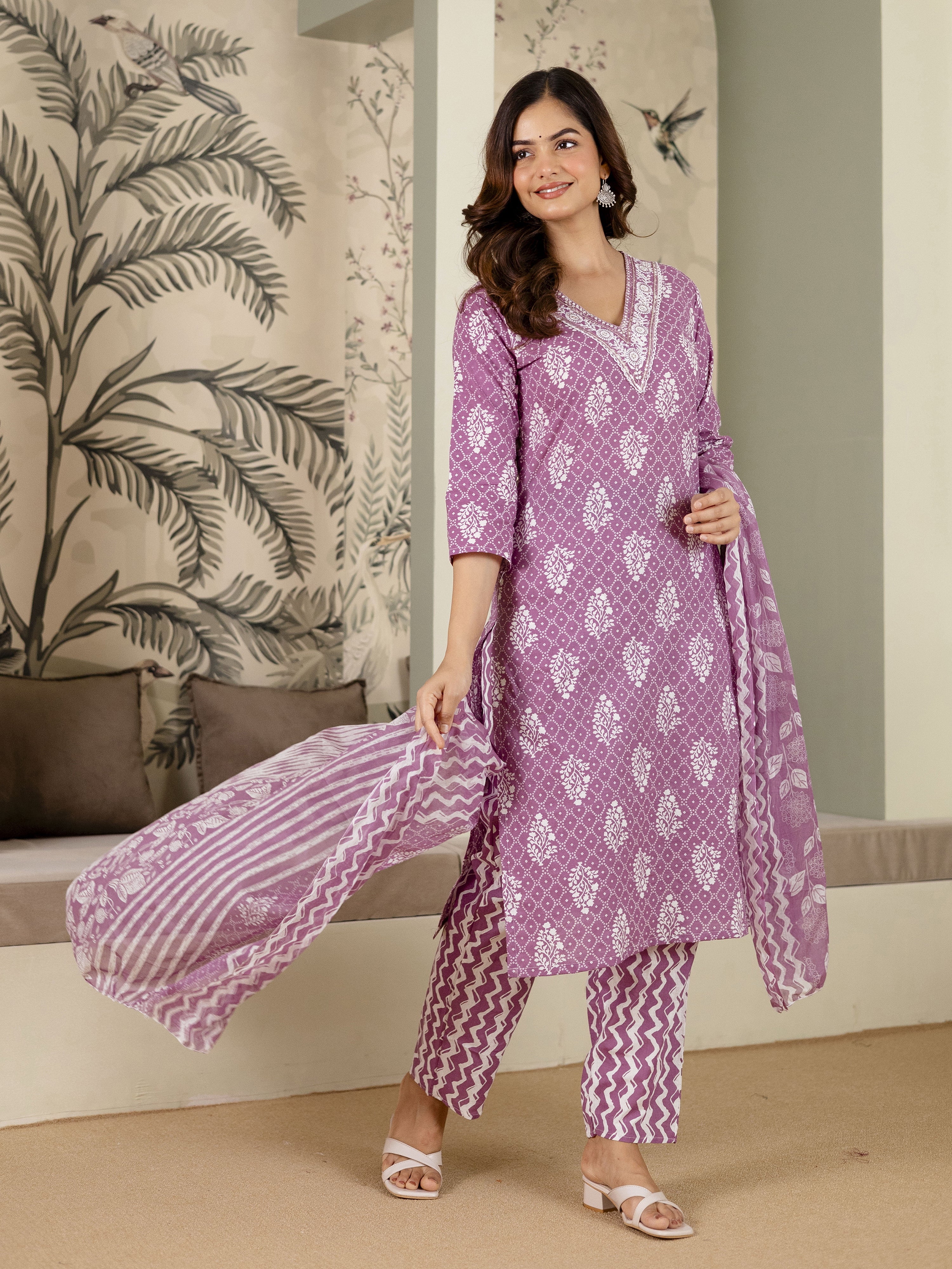 Light Purple Cotton Batik Print Salwar Suit With Dupatta Set For Women's Trendmalls