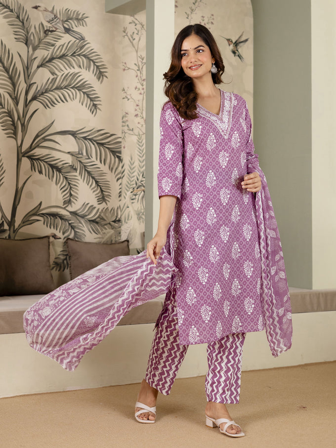 Light Purple Cotton Batik Print Salwar Suit With Dupatta Set For Women's Trendmalls