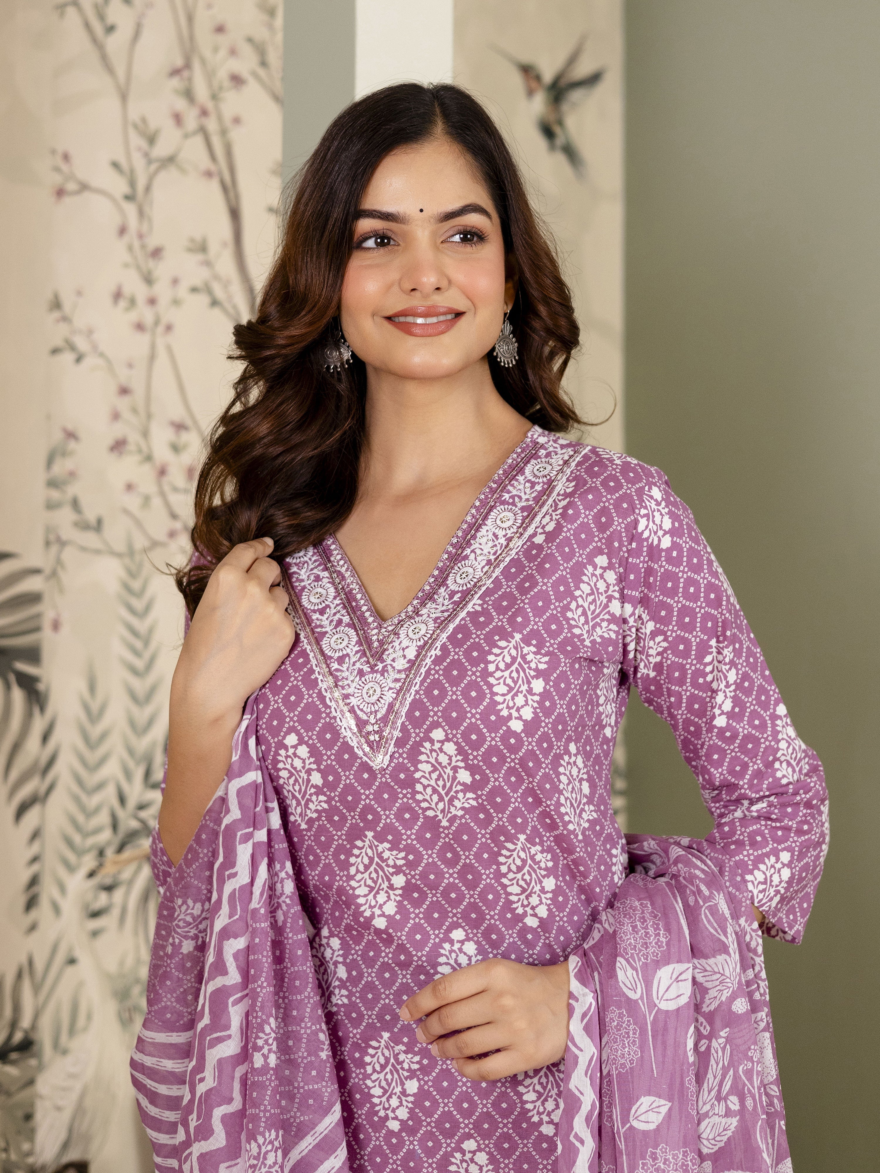Light Purple Cotton Batik Print Salwar Suit With Dupatta Set For Women's Trendmalls