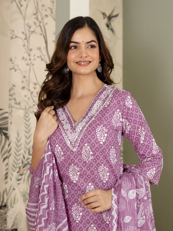 Light Purple Cotton Batik Print Salwar Suit With Dupatta Set For Women's Trendmalls