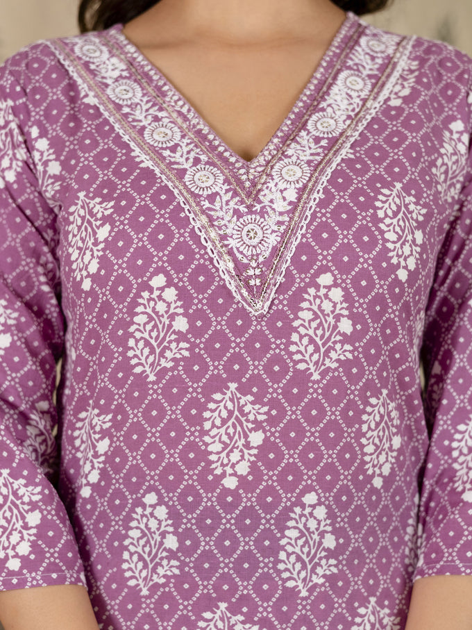 Light Purple Cotton Batik Print Salwar Suit With Dupatta Set For Women's Trendmalls