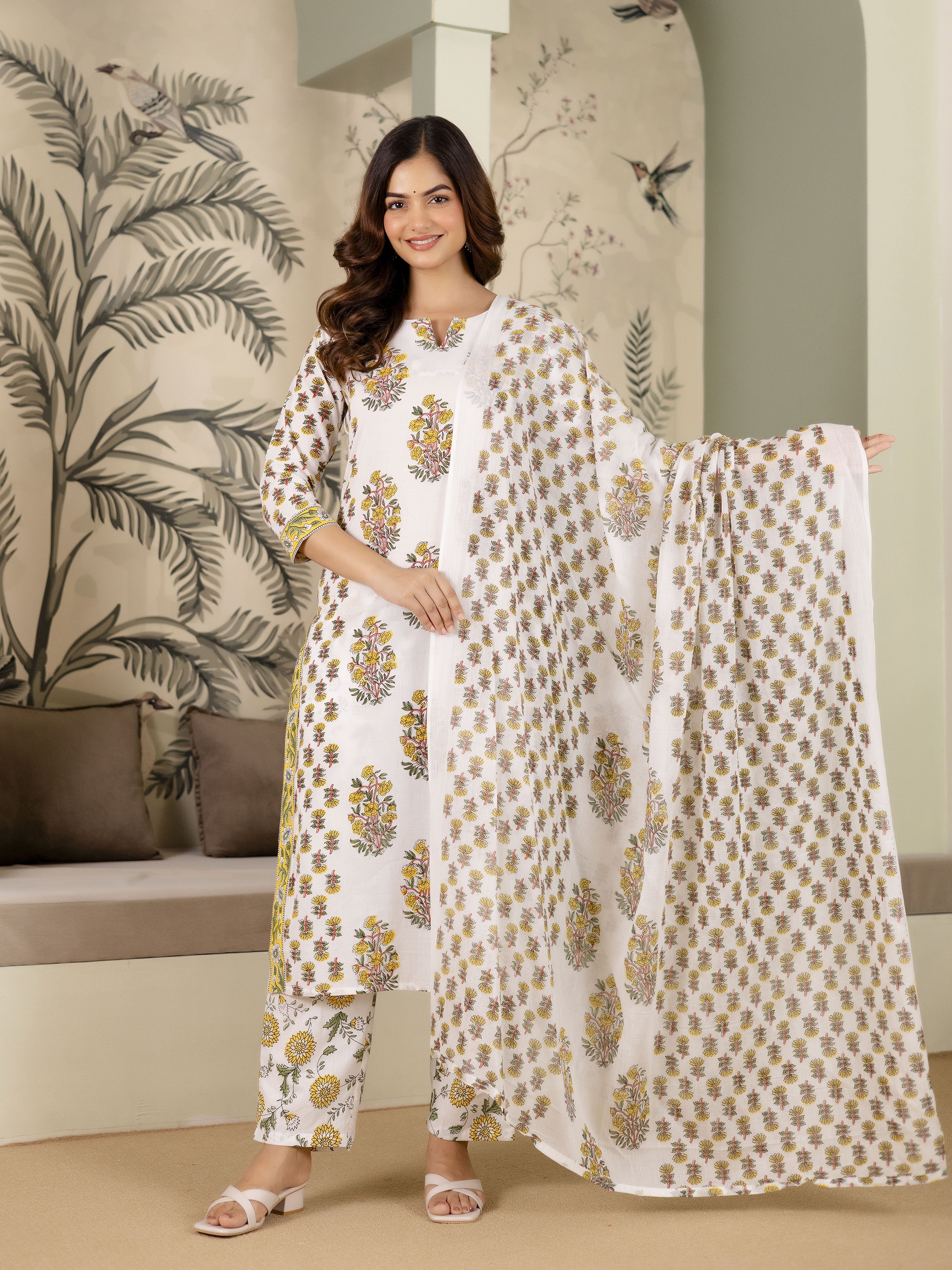 White Cotton Floral Print Salwar Suit With Dupatta Set For Women's Trendmalls