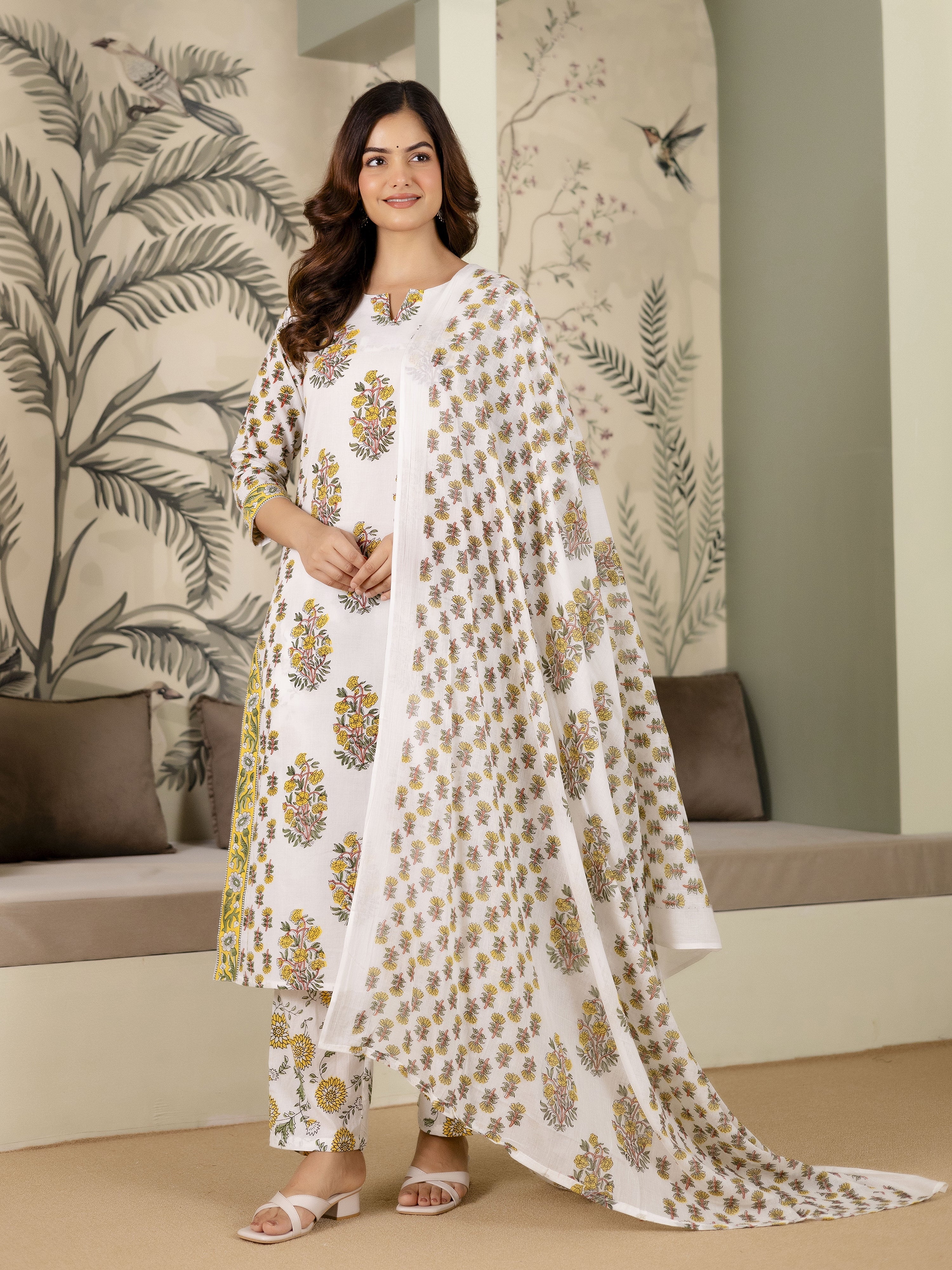 White Cotton Floral Print Salwar Suit With Dupatta Set For Women's Trendmalls