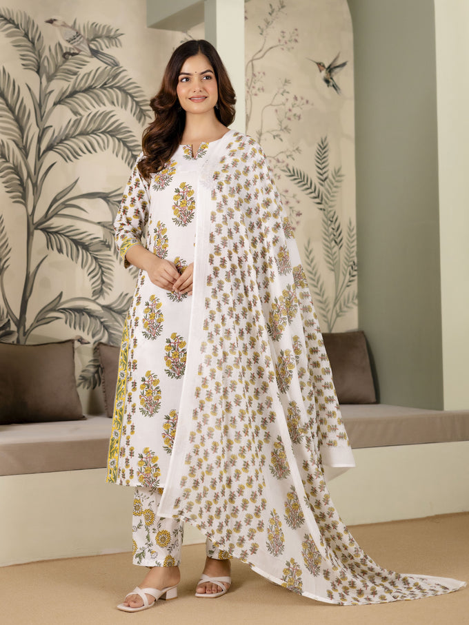 White Cotton Floral Print Salwar Suit With Dupatta Set For Women's Trendmalls