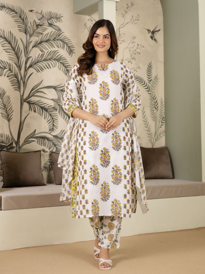 White Cotton Floral Print Salwar Suit With Dupatta Set For Women's Trendmalls