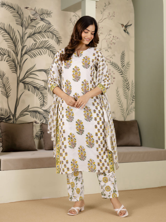 White Cotton Floral Print Salwar Suit With Dupatta Set For Women's Trendmalls