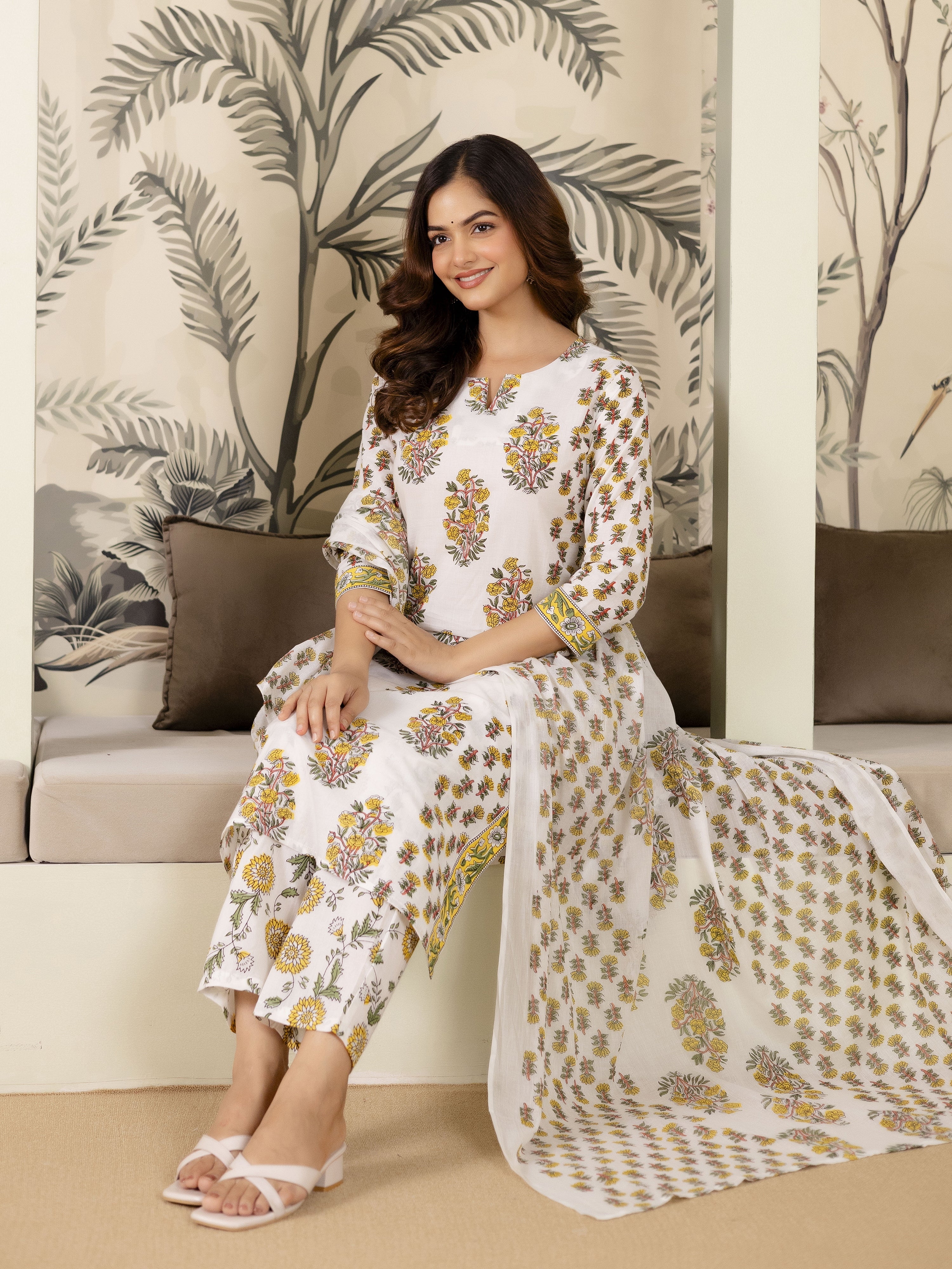 White Cotton Floral Print Salwar Suit With Dupatta Set For Women's Trendmalls