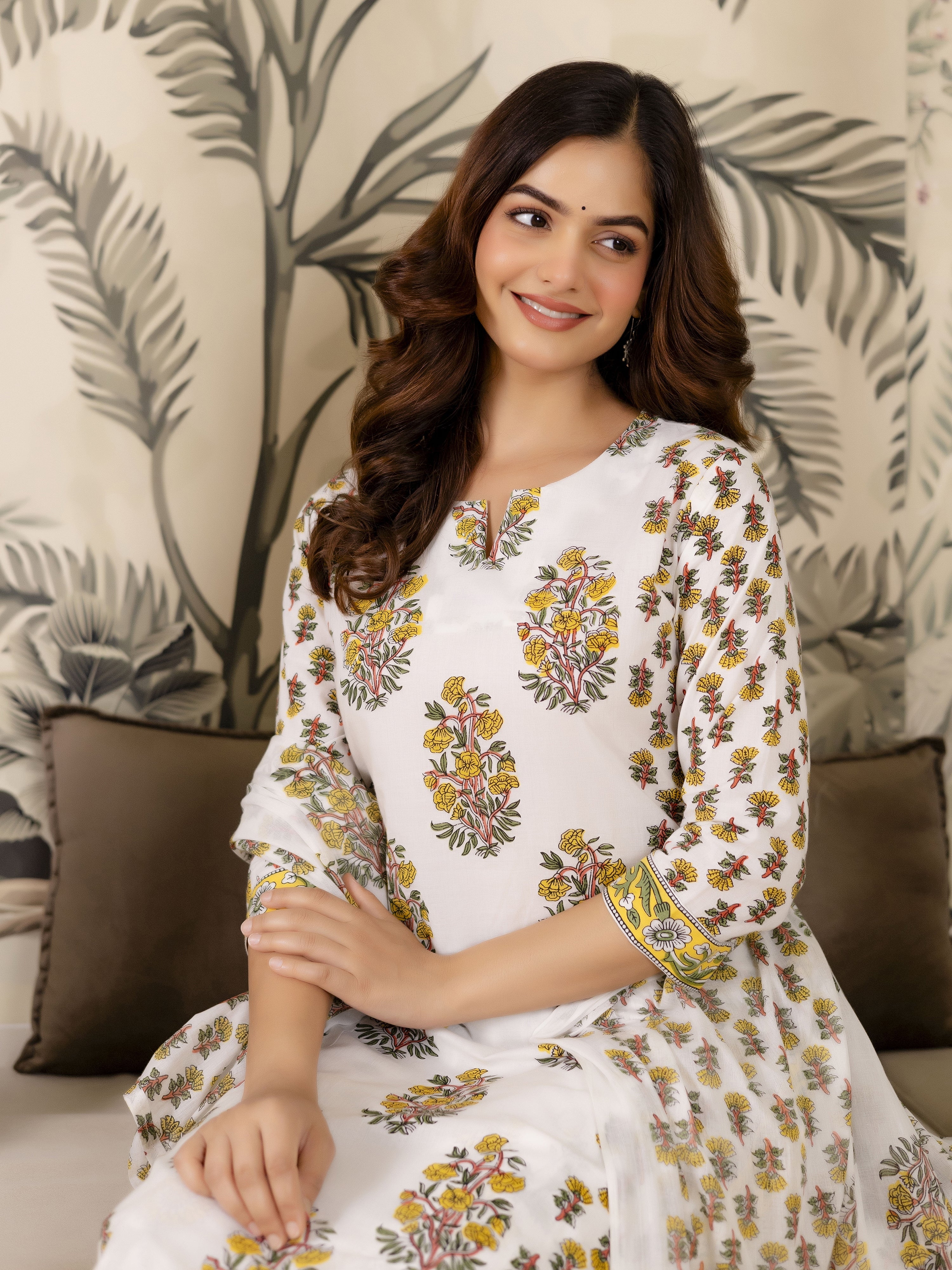 White Cotton Floral Print Salwar Suit With Dupatta Set For Women's Trendmalls