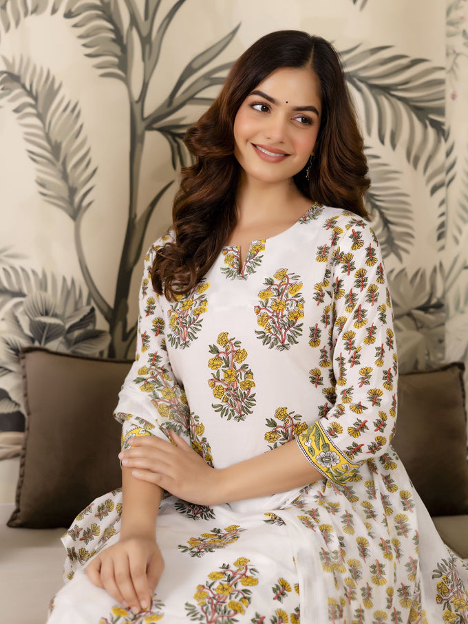 White Cotton Floral Print Salwar Suit With Dupatta Set For Women's Trendmalls